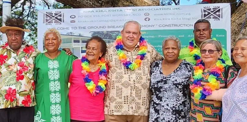 Justin Tkachenko MP (centre) and Dame Carol Kidu (second from right) in Kira Kira, Papua New Guinea, March 2023.