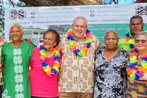 Justin Tkachenko MP (centre) and Dame Carol Kidu (second from right) in Kira Kira, Papua New Guinea, March 2023.