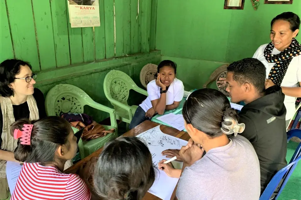 Plan International Indonesia, Institute for Sustainable Futures and local research consultant facilitating participatory community mapping with youth in eastern Indonesia for inclusive climate-resilient WASH.