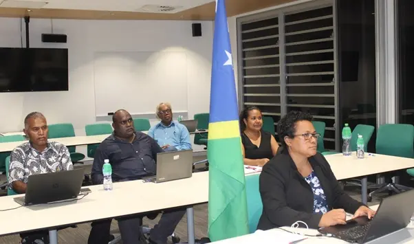 Solomon Islands delegation headed by the Permanent Secretary of the Ministry of Agriculture and Livestock (MAL) Ethel Frances and officials from the Ministry of Fisheries and Marine Resources at the virtual meeting, ICTSU facility.