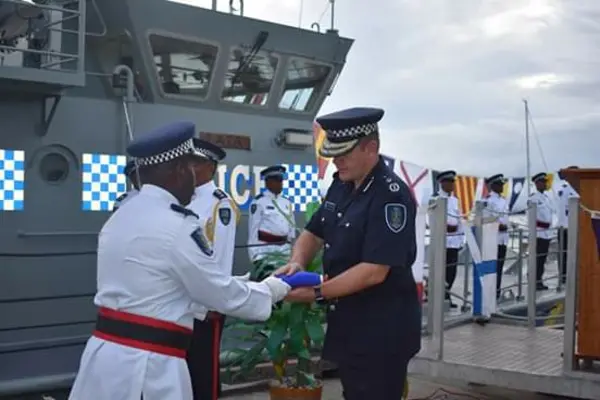 Police Commissioner Varley at the decommissioning ceremony of the RSIPV LATA at the Maritime Aola Base in Honiara.