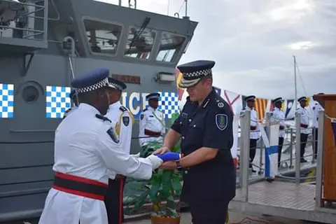 Police Commissioner Varley at the decommissioning ceremony of the RSIPV LATA at the Maritime Aola Base in Honiara.