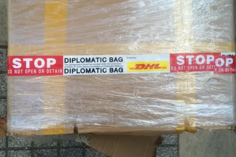 An example of what a diplomatic bag looks like - the "bag" has diplomatic immunity from search or seizure, as codified in Article 27 of the 1961 Vienna Convention on Diplomatic Relations.