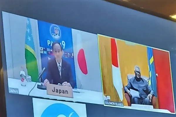 Hon. Prime Minister Suga Yoshihide of Japan and Prime Minister, Hon. Manasseh Sogavare, during the virtual bilateral meeting held on 1 July 2021.