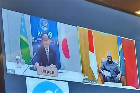 Hon. Prime Minister Suga Yoshihide of Japan and Prime Minister, Hon. Manasseh Sogavare, during the virtual bilateral meeting held on 1 July 2021.