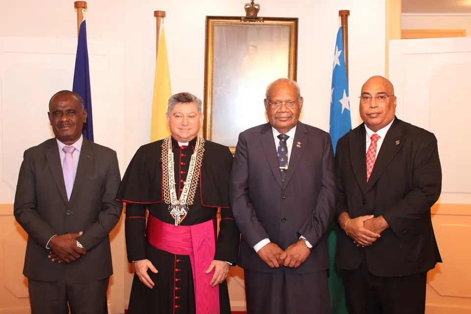 Minister of Foreign Affairs and External Trade, Hon. Jeremiah Manele, Apostolic Nuncio of the Holy See to the Solomon Islands, H.E Fremin Emilio Sosa Rodriguez, Acting Governor General, Hon. Patterson Oti and Permanent Secretary of MFAET, Colin Beck.