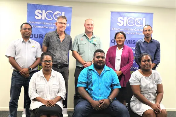 The newly elected SICCI Board and CEO. (Front row) Qila Tuhanuku, Chairman Ricky Fuo’o and CEO Natalina Hong. (Back row) Kazi Mushfiqur Rahman, Bob Pollard, Craig Gibsone, Namoi Kaluae and Daniel Tucker. Missing in Frank Wickham.