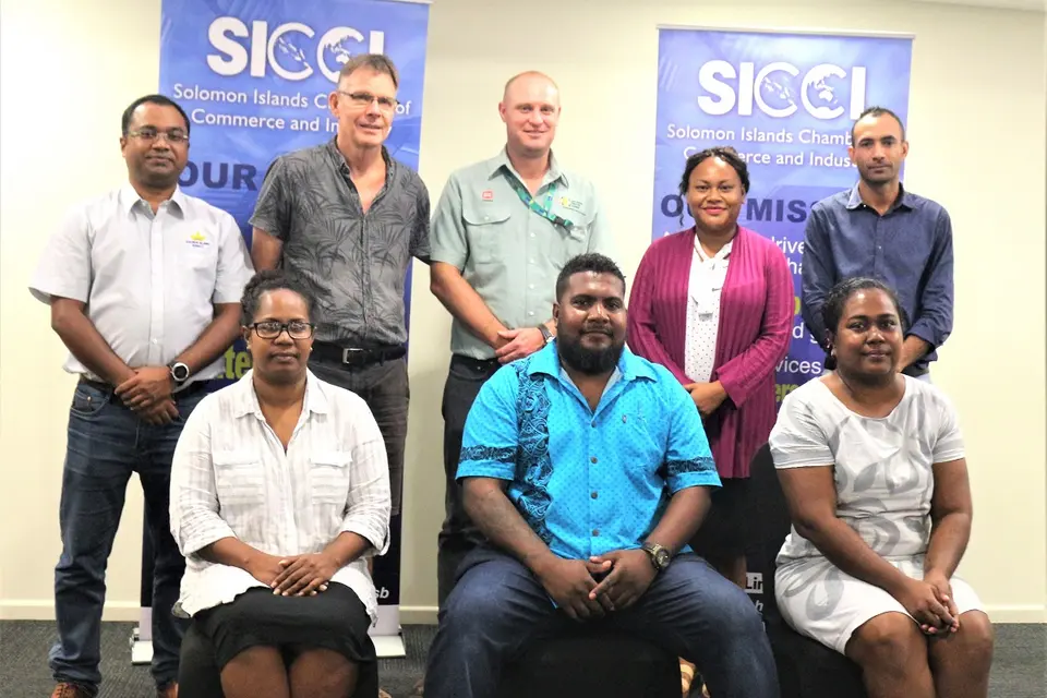 The newly elected SICCI Board and CEO. (Front row) Qila Tuhanuku, Chairman Ricky Fuo’o and CEO Natalina Hong. (Back row) Kazi Mushfiqur Rahman, Bob Pollard, Craig Gibsone, Namoi Kaluae and Daniel Tucker. Missing in Frank Wickham.