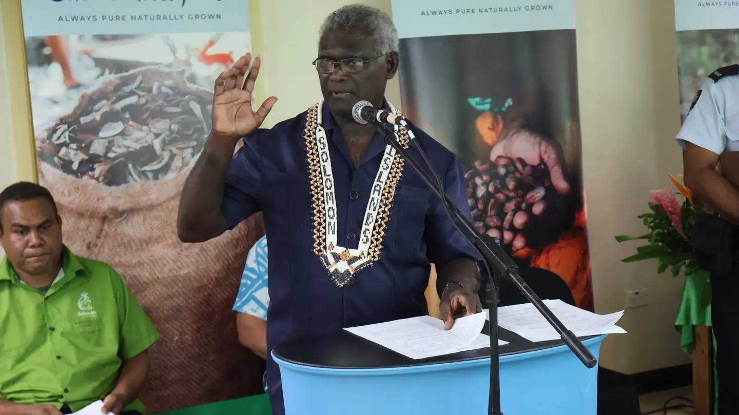 PM Sogavare delivering his speech at the opening of CEMA's two new storage facilities at Point Cruz.