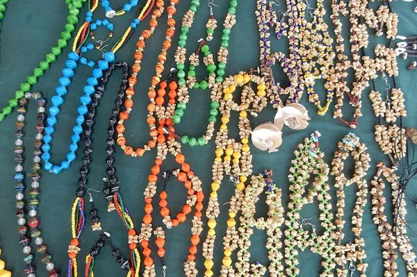 Some of the colorful crafts on sale at Mrs. Sasali's stall at the central market in Honiara.