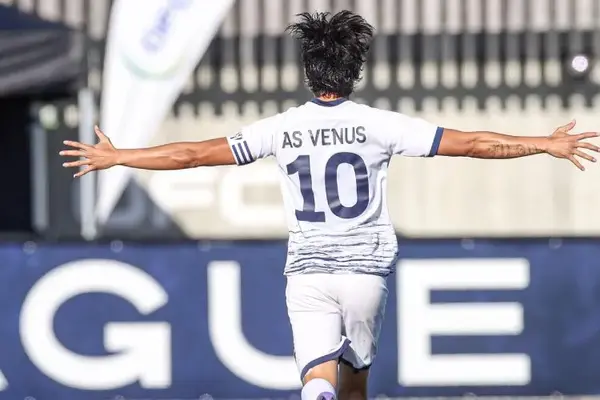 Teanoui Tehau celebrates his opening goal for AS Vénus v Central Coast FC in the OFC Champions League 2022.