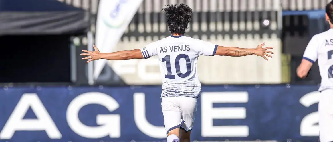 Teanoui Tehau celebrates his opening goal for AS Vénus v Central Coast FC in the OFC Champions League 2022.