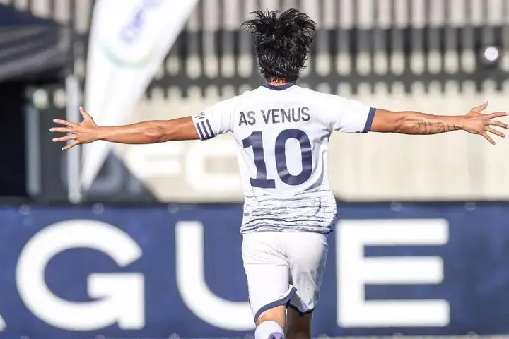 Teanoui Tehau celebrates his opening goal for AS Vénus v Central Coast FC in the OFC Champions League 2022.