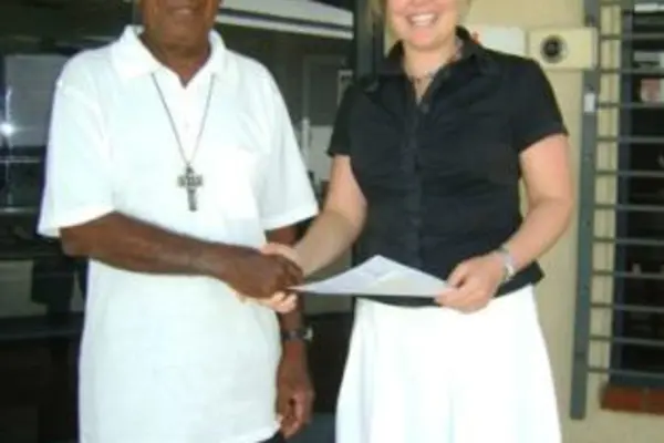 Third Secretary, Amanda Davis, presented the latest cheque to Rev Johnson Bana on Monday, for a water tank for Tasia Training Centre in Isabel, which runs technical training courses for youth.