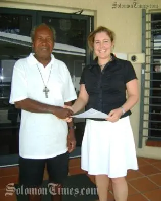 Third Secretary, Amanda Davis, presented the latest cheque to Rev Johnson Bana on Monday, for a water tank for Tasia Training Centre in Isabel, which runs technical training courses for youth.