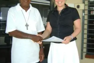 Third Secretary, Amanda Davis, presented the latest cheque to Rev Johnson Bana on Monday, for a water tank for Tasia Training Centre in Isabel, which runs technical training courses for youth.