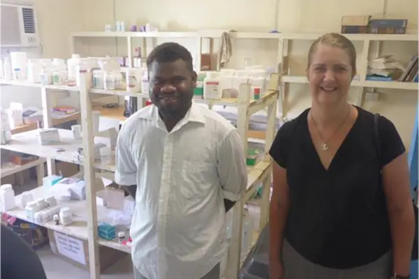 Pharmacist Jakob with Counsellor Melissa Stutsel at the Kirakira Hospital Pharmacy.