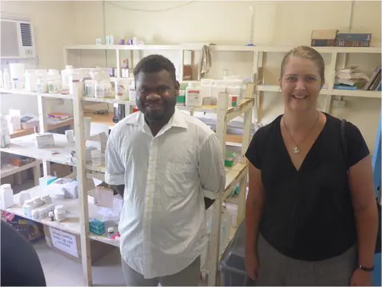 Pharmacist Jakob with Counsellor Melissa Stutsel at the Kirakira Hospital Pharmacy.
