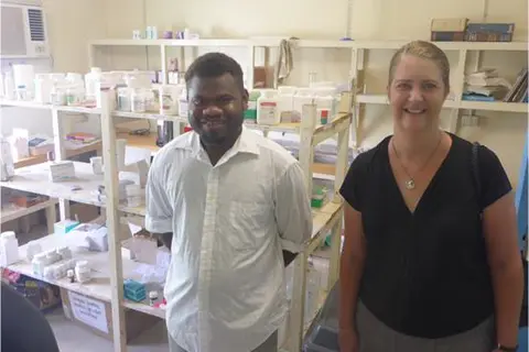 Pharmacist Jakob with Counsellor Melissa Stutsel at the Kirakira Hospital Pharmacy.