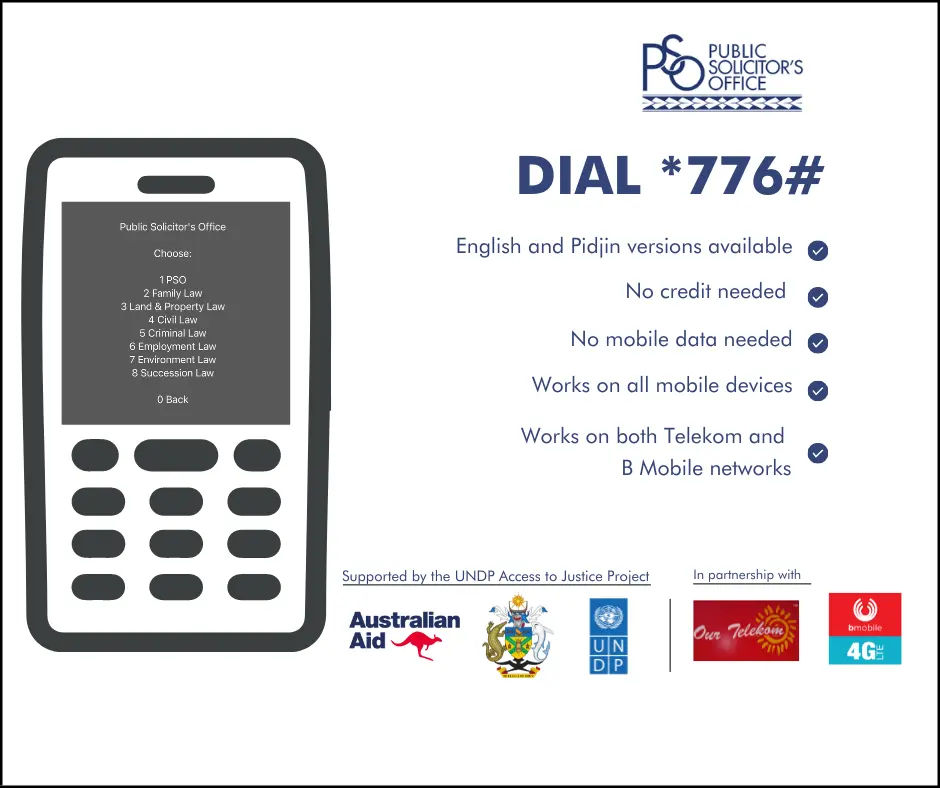 The Unstructured Supplementary Service Data (USSD) platform is accessible on basic mobile phones at no cost to the user and contains legal information on a range of areas including family, land and property, civil, criminal, employment, environment and succession.