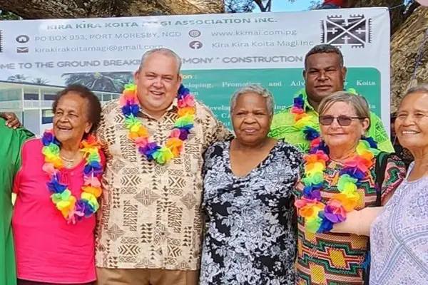 Justin Tkachenko MP (centre) and Dame Carol Kidu (second from right) in Kira Kira, Papua New Guinea, March 2023.