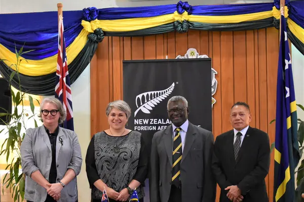 Acting Australian High Commissioner Sally-Anne Vincent, New Zealand High Commissioner Georgina Roberts, Prime Minister Manasseh Sogavare and Minister Peter Shanel Agovaka after the contract signing.
