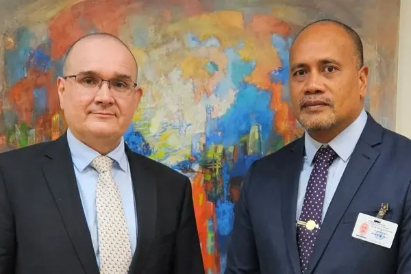 Hon. John Tuhaika Jr, Minister of Public Service, engaged in a constructive dialogue with Mr. Rasmus Lumi, Director General of the Department of International Organization and Human Rights from Estonia's Ministry of Foreign Affairs, during the event in New York.