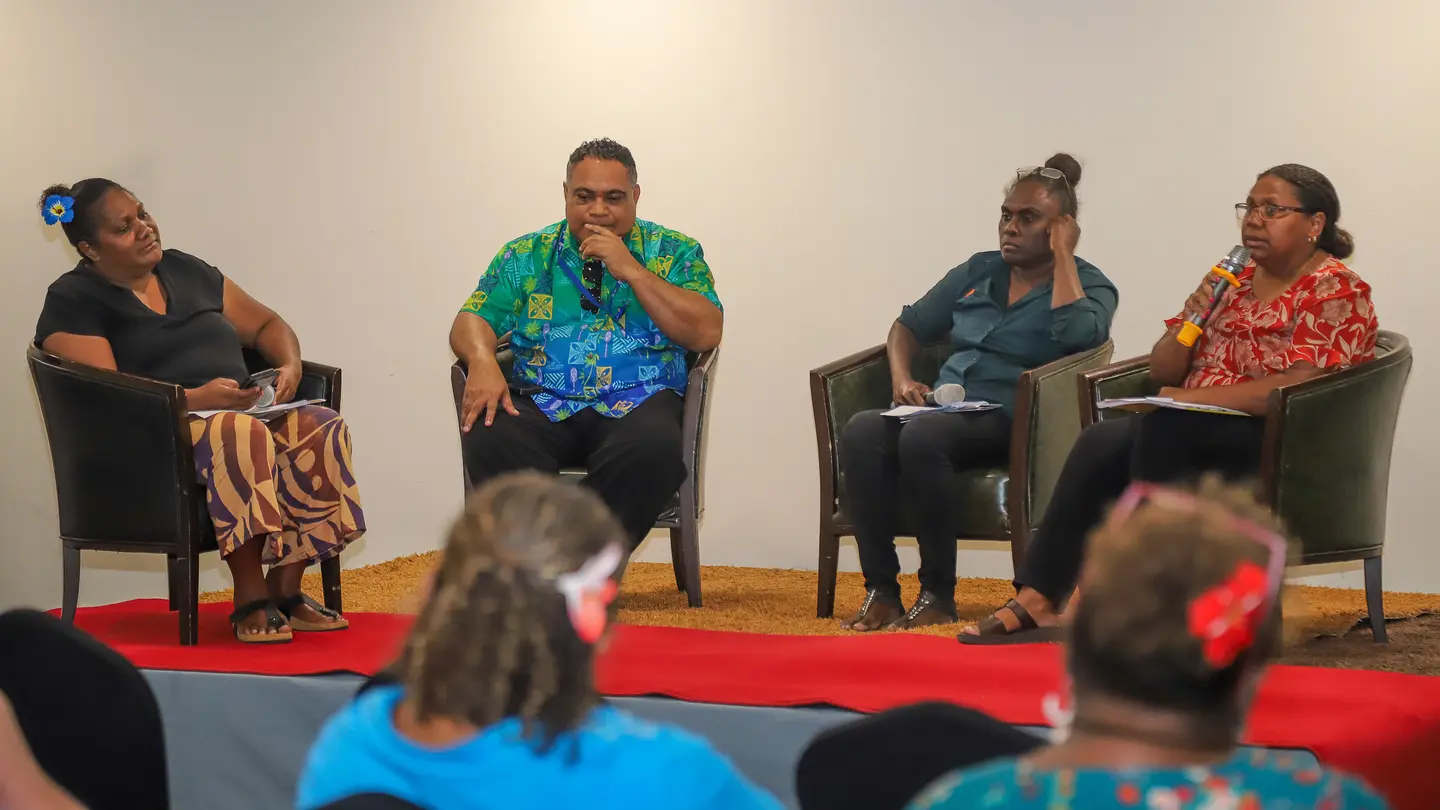 Panellists Dr. Luke Forau, Ms Riby Tupiti, and Ms Delilah Homelo participating on the panel discussion on Women at the Helm: Leading Change in Solomon Islands’ Executive Arena facilitated by Ms Georgina Kekea.