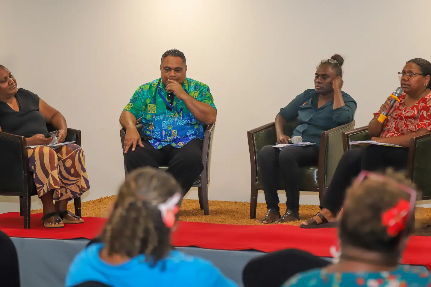 Panellists Dr. Luke Forau, Ms Riby Tupiti, and Ms Delilah Homelo participating on the panel discussion on Women at the Helm: Leading Change in Solomon Islands’ Executive Arena facilitated by Ms Georgina Kekea.