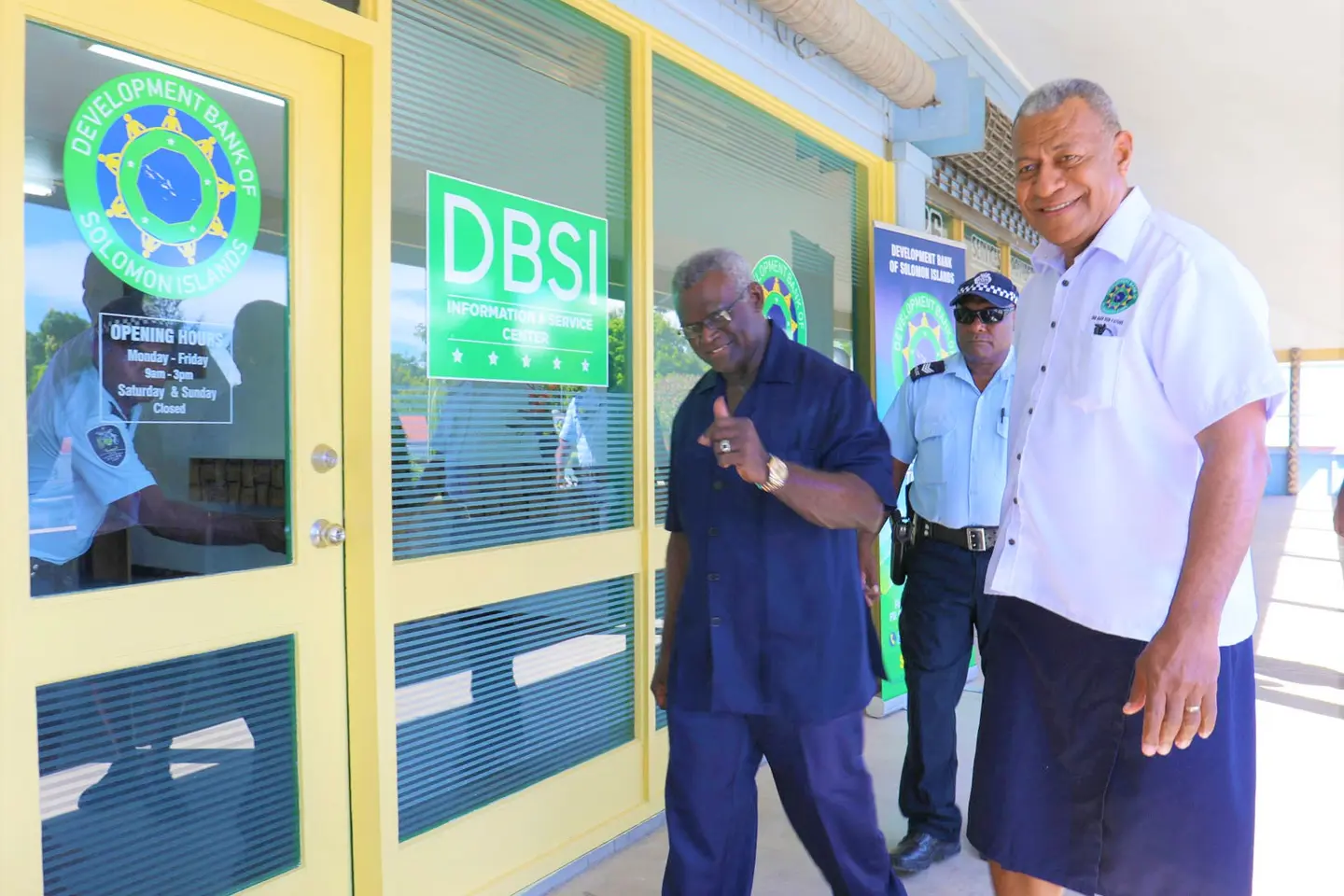 A satisfied PM Sogavare gives a thumbs up to the camera as he is about to enter into the Service Center of the new DBSI.