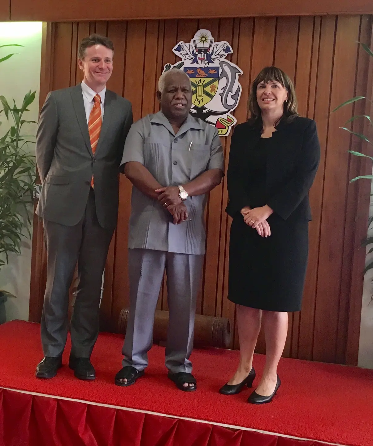 His Excellency Roderick Brazier, Australian High Commissioner, Hon. Rick Houenipwela, Prime Minister of Solomon Islands and Deputy Secretary Penny Williams, Department of Foreign Affairs and Trade.