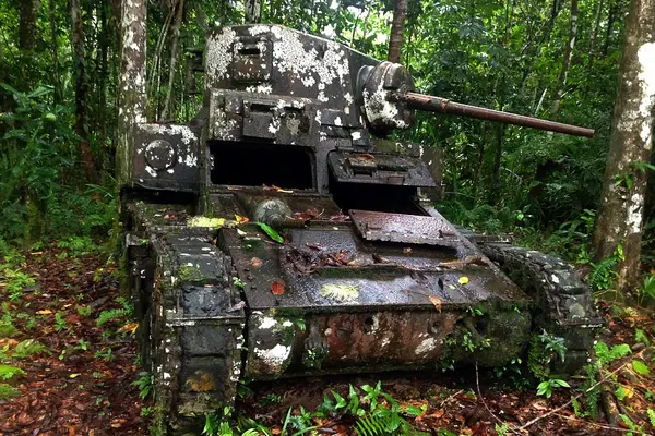 A World War Two American Stuart tank lies in the same spot where it was immobilised by Japanese forces on Kohinggo Island in 1943.