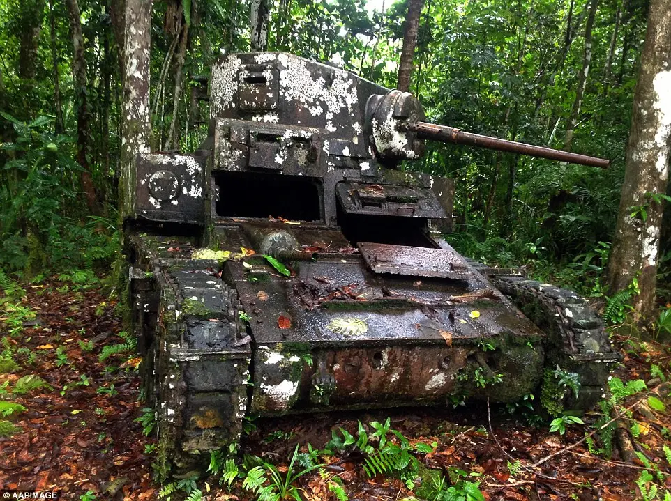A World War Two American Stuart tank lies in the same spot where it was immobilised by Japanese forces on Kohinggo Island in 1943.