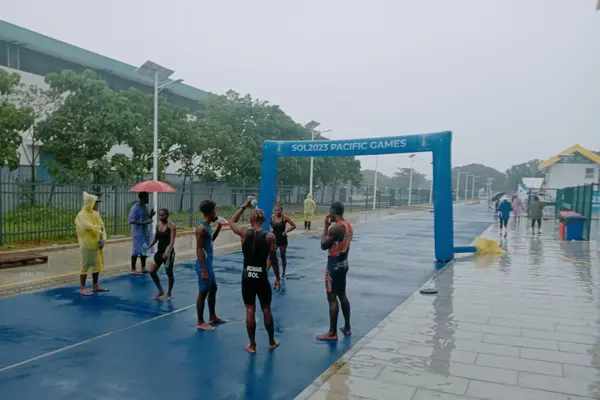 Athletes at the finishing line during the trial event.