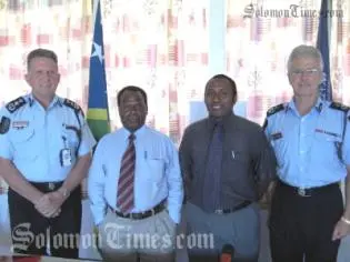 RAMSI PPF Commander, Denis McDermott, Permanent Secretary of the Ministry of Police, Henry Pika, PS (Special Duties), Ronald Unusi and Police Commissioner Peter Marshall.