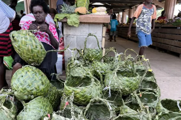 Gizo Vegetable market in the Western Province, Solomon Islands are providing traditional coconut baskets for shoppers as part of the little town's initiative to go plastic free.