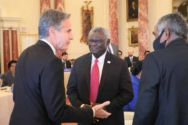 Prime Minister Manasseh Sogavare with the United States Secretary of State Antony Blinken in Washington DC during the Pacific-USA Summit. 