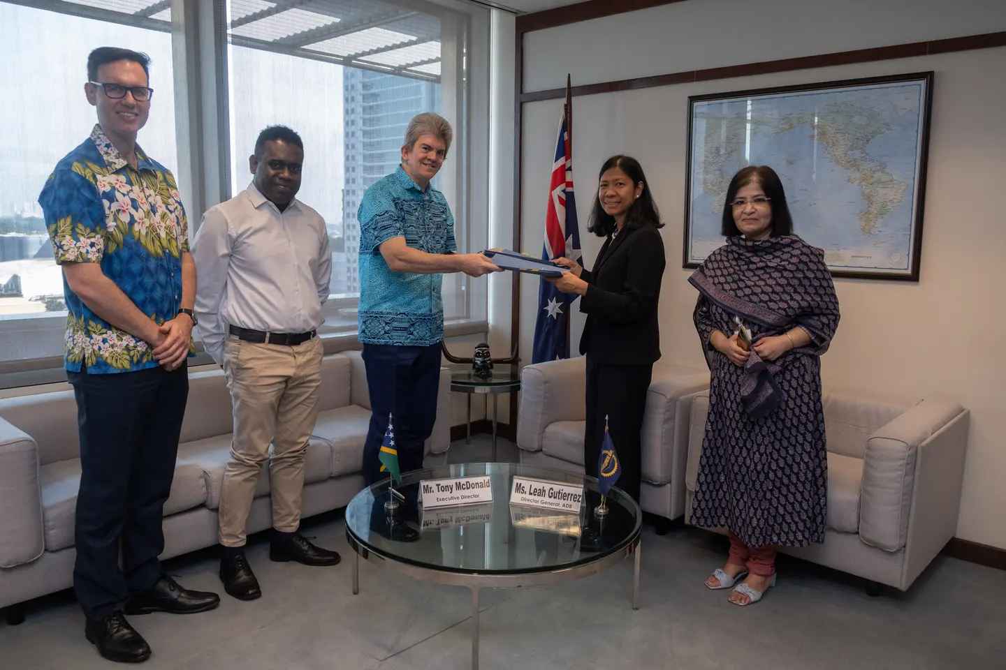 The agreements were signed at ADB Headquarters in Manila by ADB Executive Director Anthony McDonald, on behalf of the Government of Solomon Islands, and ADB Director General for the Pacific Leah Gutierrez .