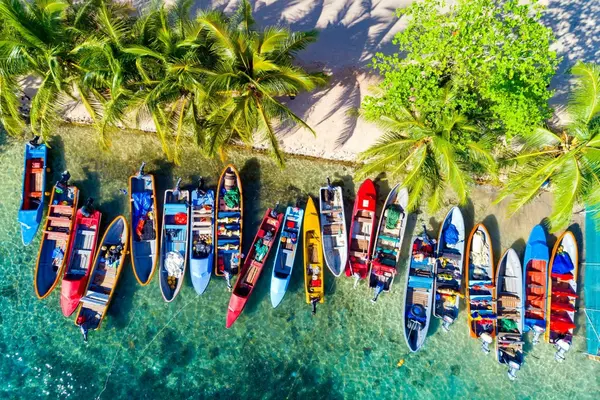 Colourful canoes, a key mode of transport between the islands, offering an authentic and adventurous way to explore the remote and scenic beauty of the Solomon Islands.