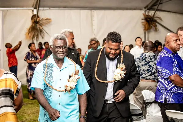 SICCI Chairman, Ricky Fuo’o escorting the Prime Minister to the dinner venue at the 2021 Business Excellence Awards.