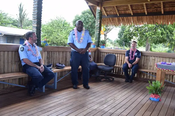 Guadalcanal Provincial Police Commander (PPC), Chief Supt. Rodney Kuma, and AFP RAPPP Advisor, Supt. Adam McCormack, during the opening of the Tetere Police Station leaf hut.