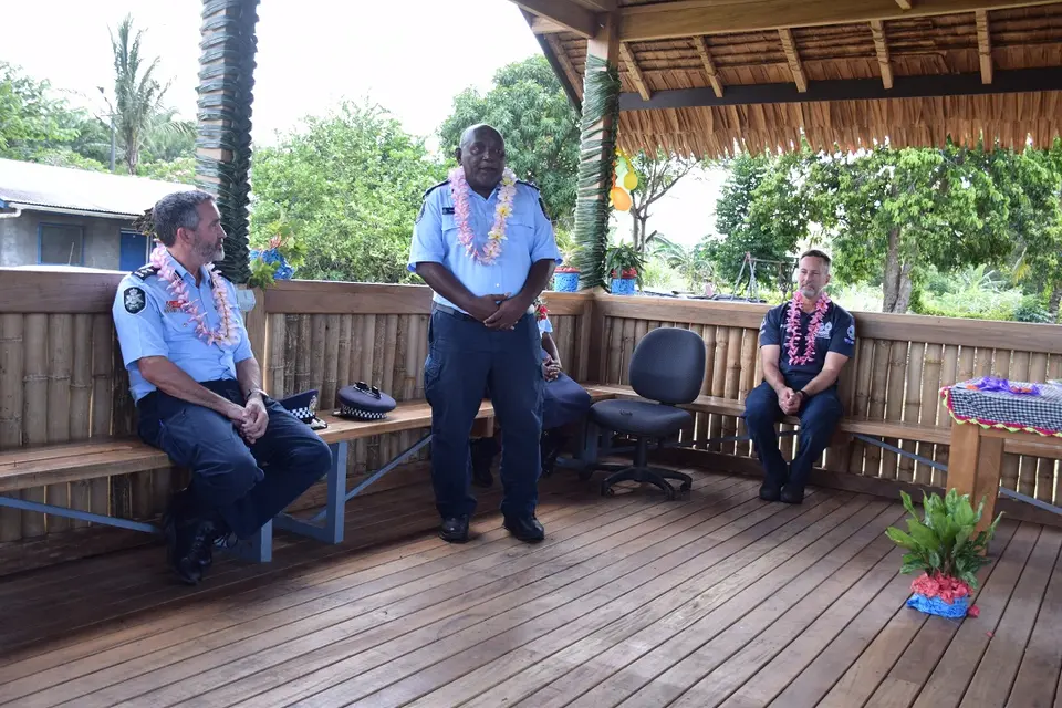 Guadalcanal Provincial Police Commander (PPC), Chief Supt. Rodney Kuma, and AFP RAPPP Advisor, Supt. Adam McCormack, during the opening of the Tetere Police Station leaf hut.