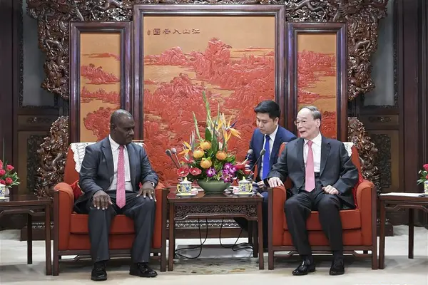 Chinese Vice President Wang Qishan meets with Solomon Islands&#39; Minister of Foreign Affairs and External Trade Jeremiah Manele in Beijing, capital of China, Sept. 23, 2019. 