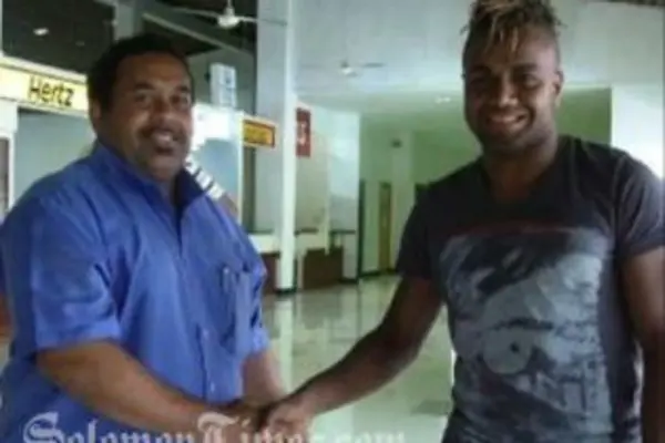 Jack Wetney is welcomed back to Vanuatu by Amicale president Jean-Yves Chabod.