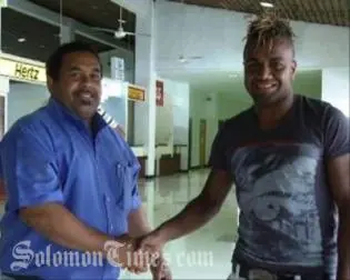 Jack Wetney is welcomed back to Vanuatu by Amicale president Jean-Yves Chabod.