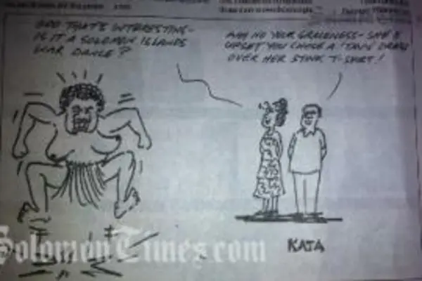 The cartoon shows a bare breasted woman looking rather upset, with a caption stating "she's upset Kate chose a Tavs dress over her stink t-shirt."