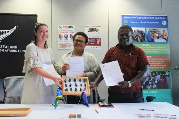 From left, Acting New Zealand High Commissioner, Hannah Van Voorthuysen, Permanent Secretary for the Ministry of Agriculture and Livestock, Ethel Tebengi Frances, and the Permanent Secretary for the Ministry of Finance and Treasury, McKinnie Dentana.