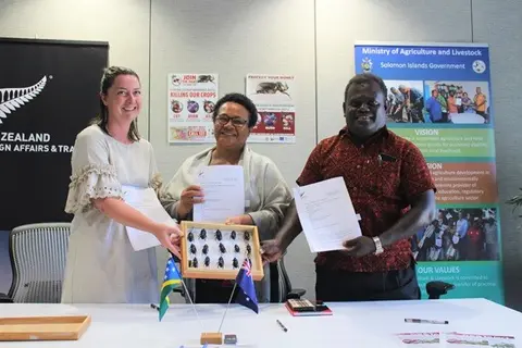 From left, Acting New Zealand High Commissioner, Hannah Van Voorthuysen, Permanent Secretary for the Ministry of Agriculture and Livestock, Ethel Tebengi Frances, and the Permanent Secretary for the Ministry of Finance and Treasury, McKinnie Dentana.