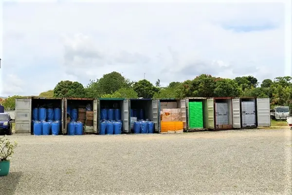 Containers of suppliers purchased for the Solomon Noni Company under the Economic Stimulus Package initiative.