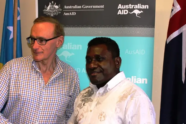 Australia's Foreign Minister Bob Carr with Solomon Islands Prime Minister Gordon Darcy Lilo.